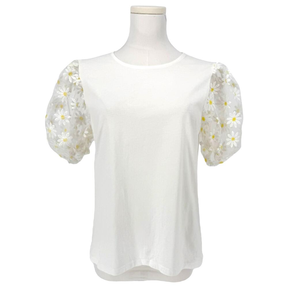 Y2K Vintage Forever 21 Mesh Daisy Embroidered Puff Sleeve Tee Women's M Coquette